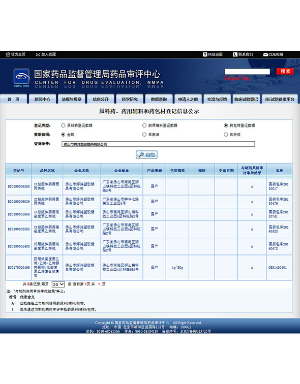 原料藥、藥用輔料和藥包材等級(jí)信息公示